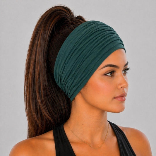Hunter Green Extra Wide Cotton Scrunch Headband made from soft cotton jersey fabric for everyday wear
