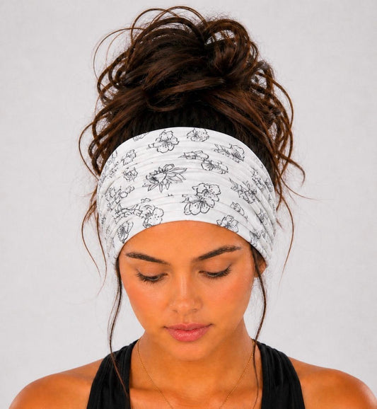 Floral Extra Wide Knit Scrunch Headband handmade from soft stretchy jersey fabric
