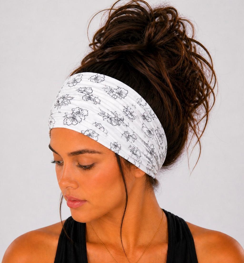 Floral Extra Wide Knit Scrunch Headband handmade from soft stretchy jersey fabric
