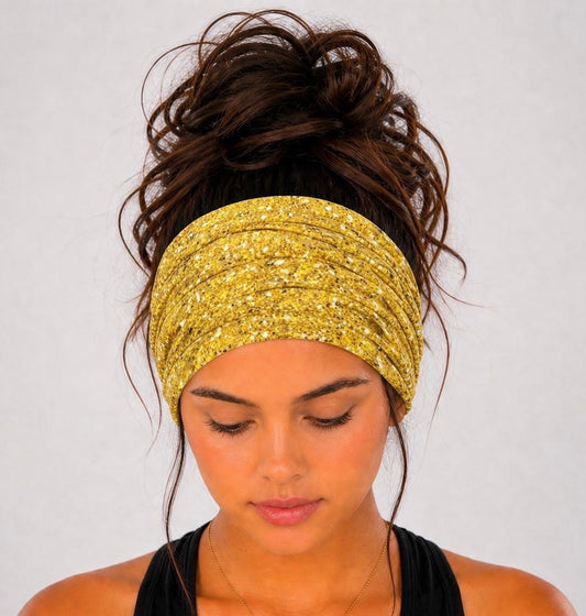 Handmade extra wide knit scrunch headband in soft stretchy jersey fabric