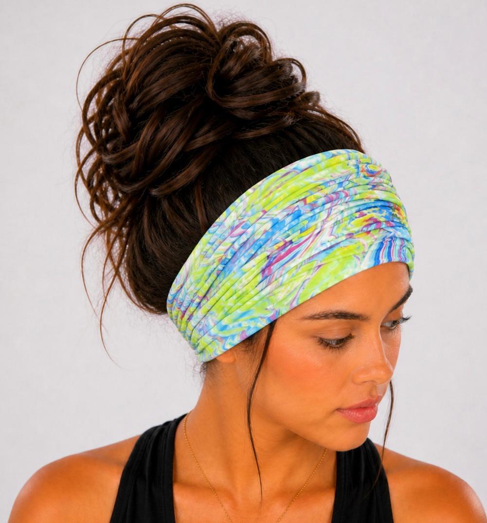 Colorful Tie-Dye Extra Wide Knit Scrunch Headband handmade from soft stretchy jersey fabric
