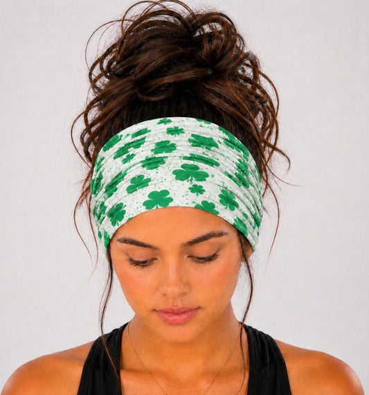 White and Green St. Patrick's Day Extra Wide Knit Scrunch Headband with shamrock print handmade from soft stretchy jersey fabric