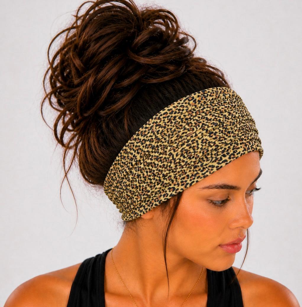 Cheetah Extra Wide Scrunch Headband handmade from soft stretchy jersey fabric
