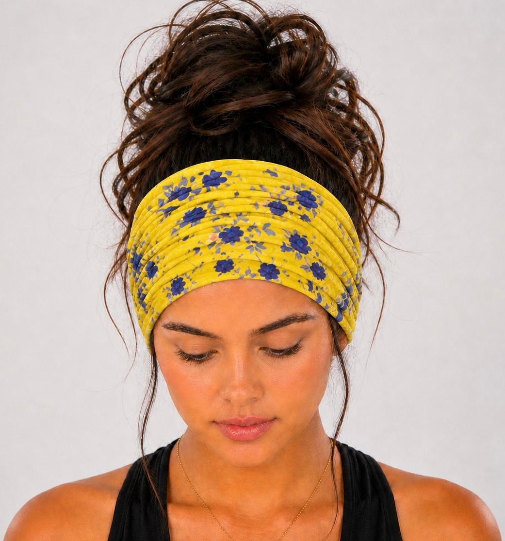 Yellow and Blue Floral Extra Wide Knit Scrunch Headband handmade from soft stretchy jersey fabric
