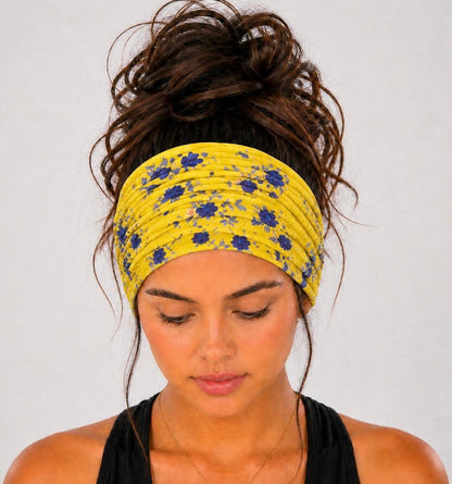 Yellow and Blue Floral Extra Wide Knit Scrunch Headband handmade from soft stretchy jersey fabric
