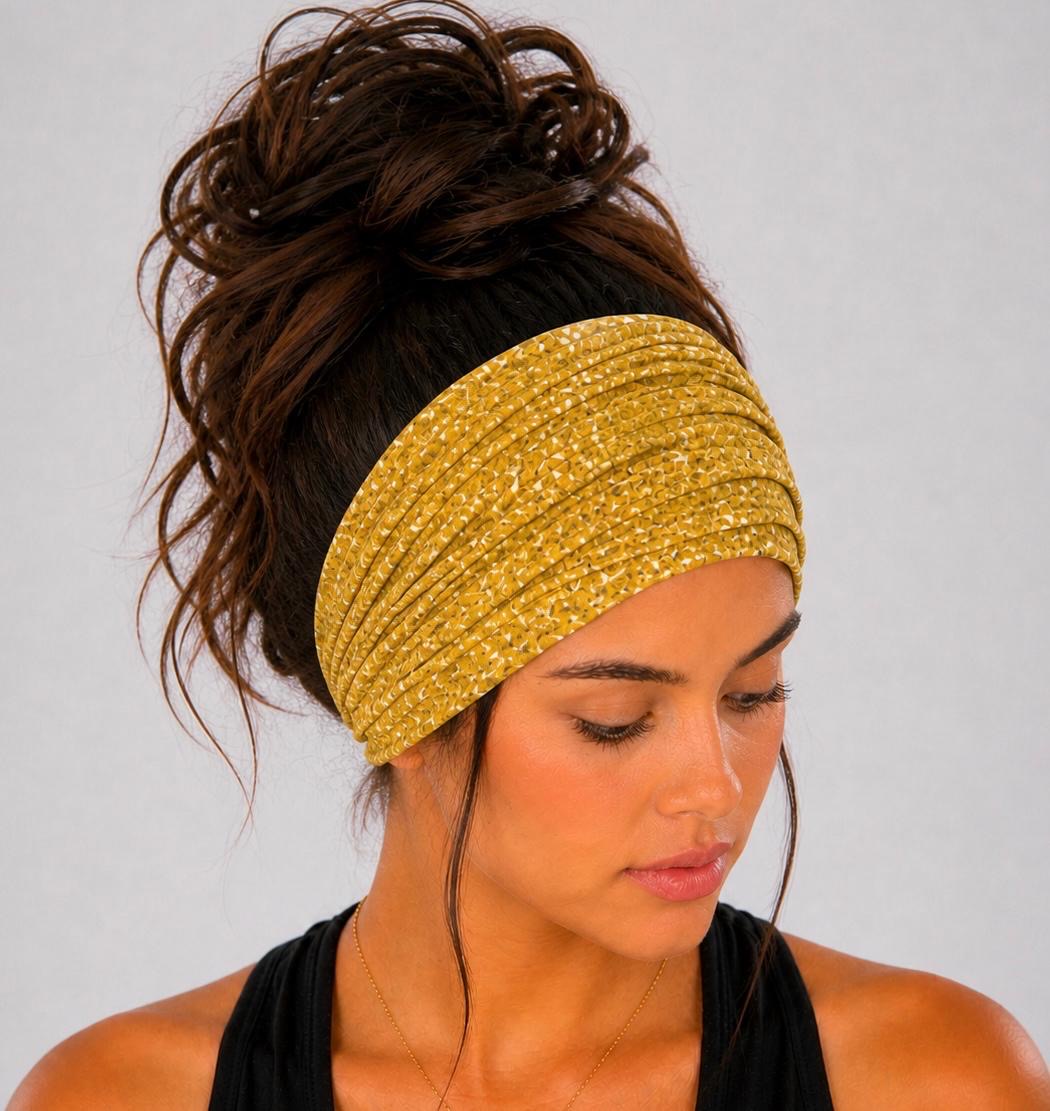 Handmade extra wide knit scrunch headband in soft stretchy jersey fabric