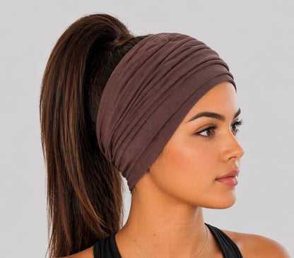Brown Extra Wide Cotton Scrunch Headband handmade from soft stretchy cotton jersey fabric
