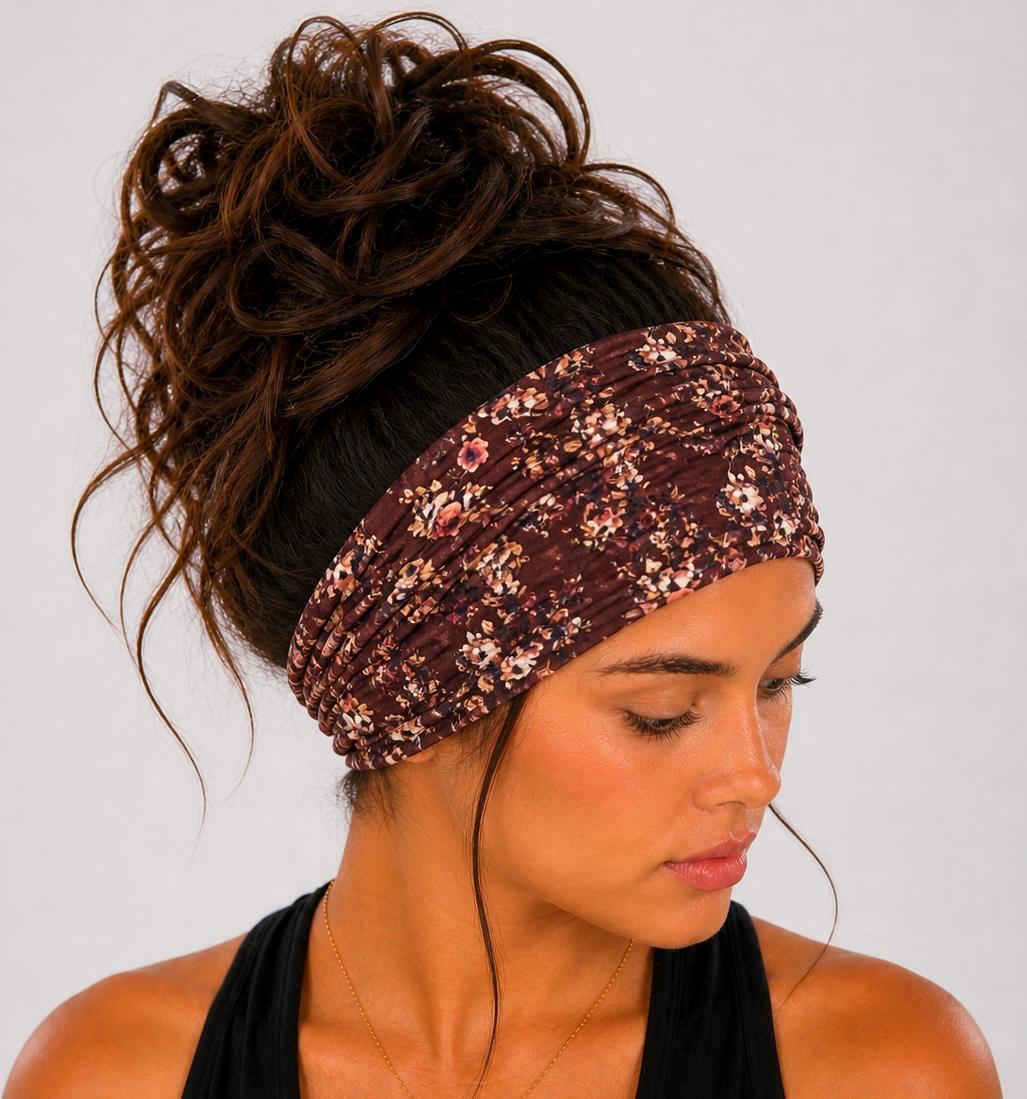 Floral Extra Wide Knit Scrunch Headband handmade from soft stretchy jersey fabric
