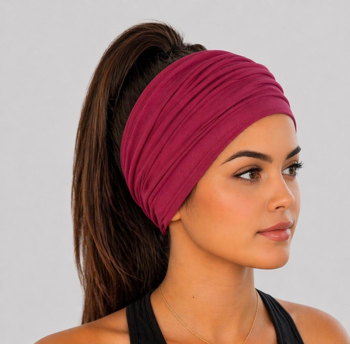 Burgundy Extra Wide Cotton Scrunch Headband made from soft cotton jersey fabric for everyday wear
