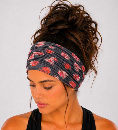 Black and Coral Floral Extra Wide Knit Scrunch Headband handmade from soft stretchy jersey fabric
