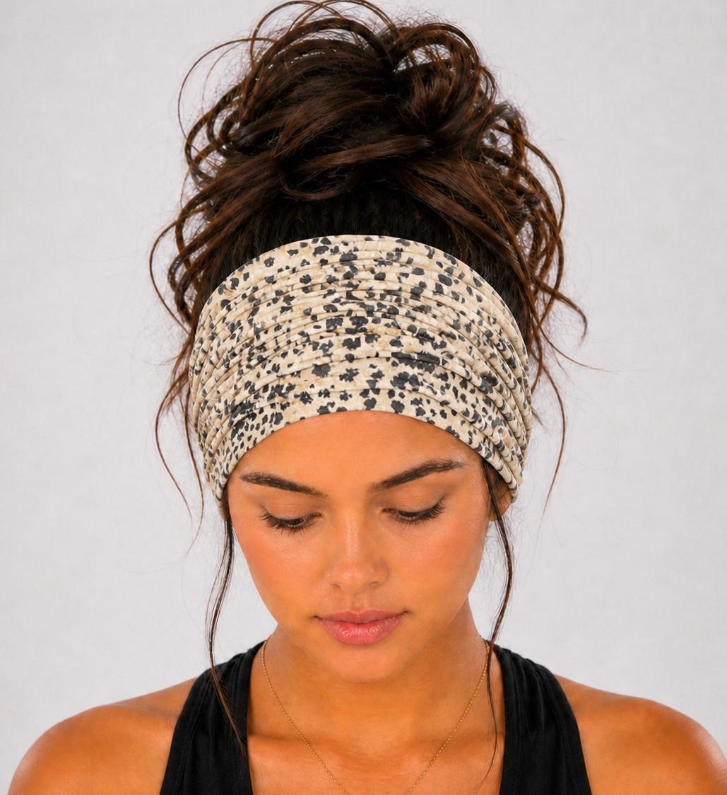Leopard Extra Wide Knit Scrunch Headband handmade from soft stretchy jersey fabric
