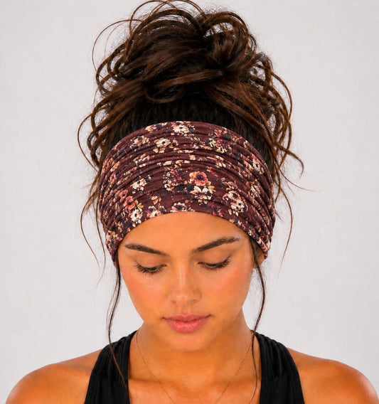 Floral Extra Wide Knit Scrunch Headband handmade from soft stretchy jersey fabric
