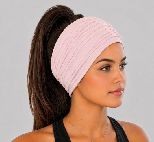 Light Pink Extra Wide Cotton Scrunch Headband made from soft cotton jersey fabric for everyday wear
