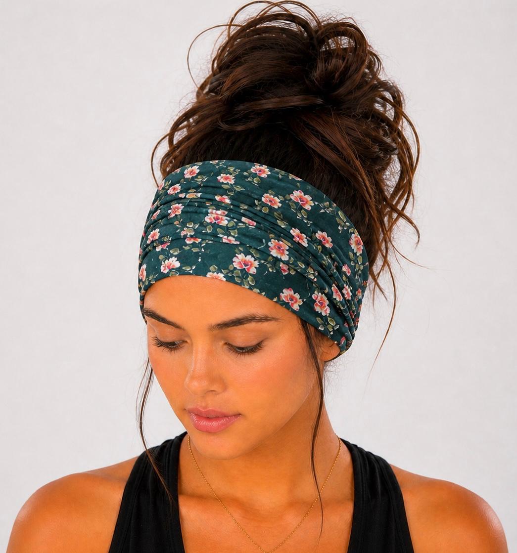 Teal Floral Extra Wide Knit Scrunch Headband with pink and white flowers handmade from soft stretchy jersey fabric