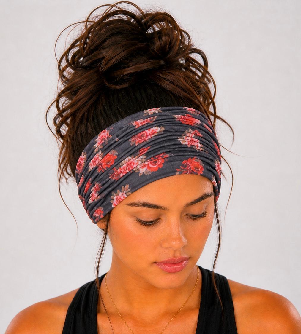 Black and Coral Floral Extra Wide Knit Scrunch Headband handmade from soft stretchy jersey fabric
