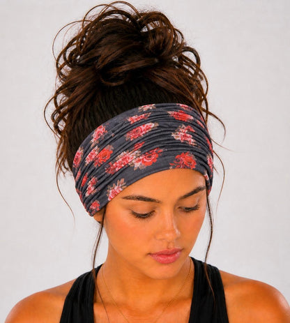 Black and Coral Floral Extra Wide Knit Scrunch Headband handmade from soft stretchy jersey fabric
