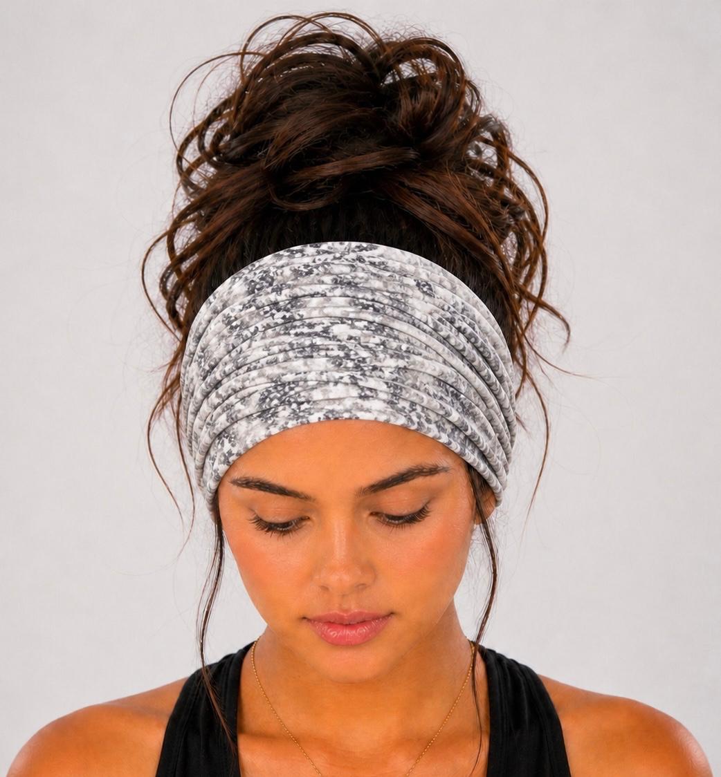 Grey and White Tie Dye Extra Wide Knit Scrunch Headband handmade from soft stretchy jersey fabric
