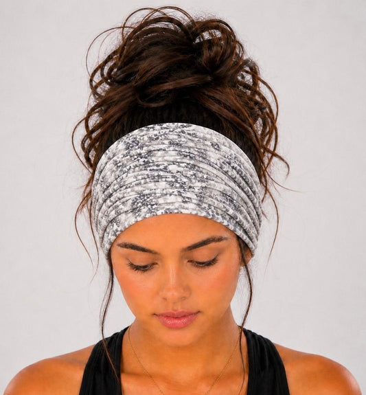 Grey and White Tie Dye Extra Wide Knit Scrunch Headband handmade from soft stretchy jersey fabric
