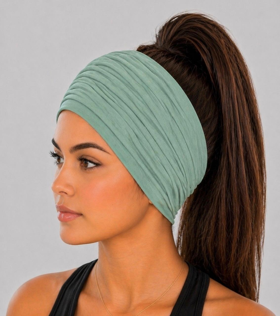 Sage Green Extra Wide Cotton Scrunch Headband made from soft cotton jersey fabric for everyday wear
