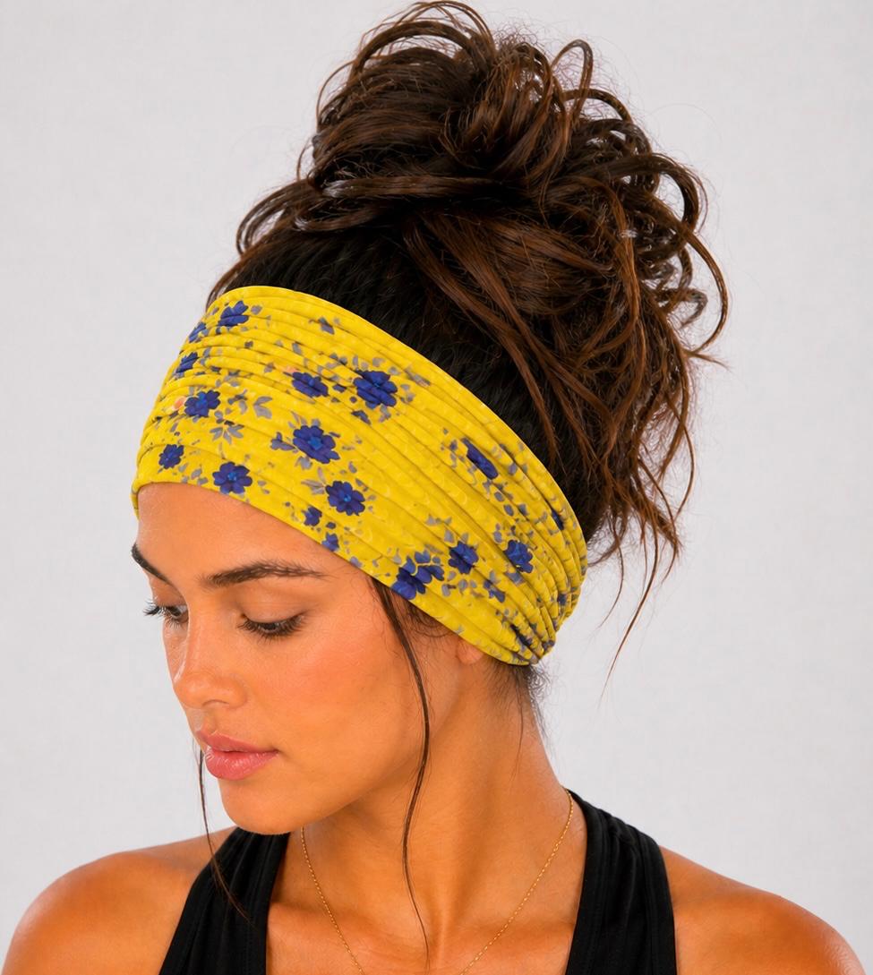 Yellow and Blue Floral Extra Wide Knit Scrunch Headband handmade from soft stretchy jersey fabric
