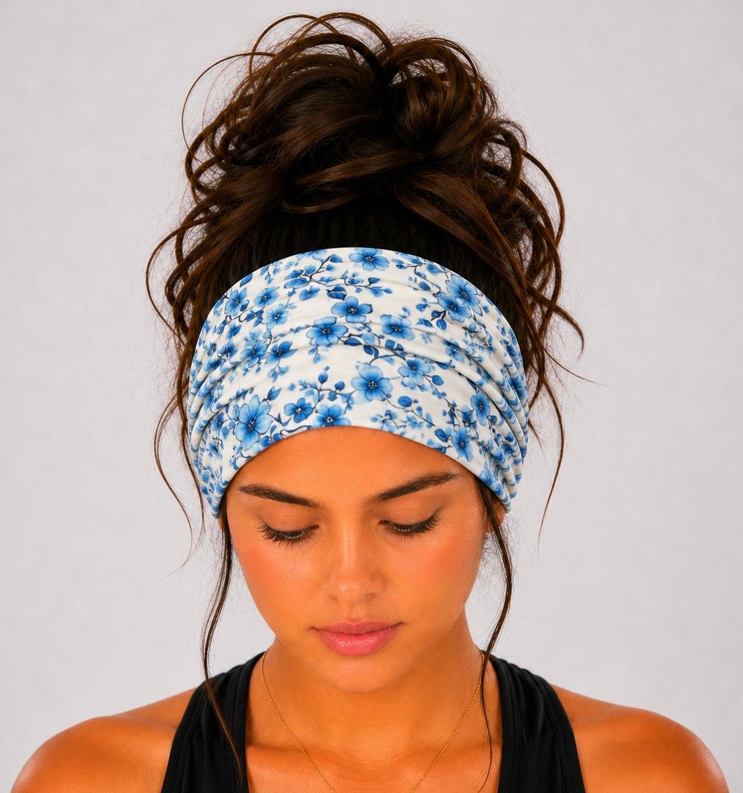 Blue floral extra wide cotton scrunch headband handmade from soft stretchy jersey fabric