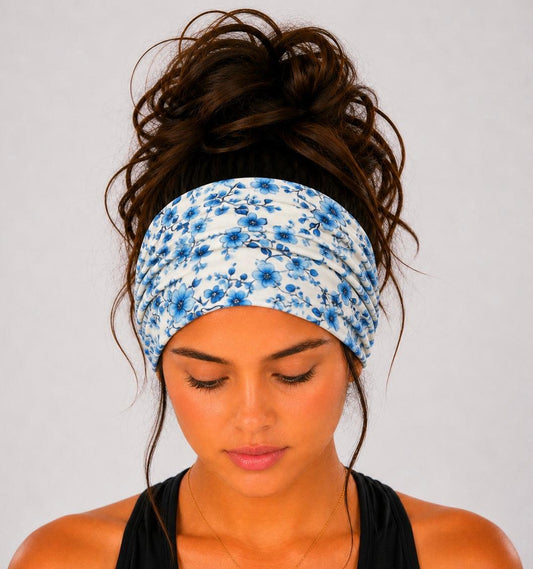 Blue floral extra wide cotton scrunch headband handmade from soft stretchy jersey fabric