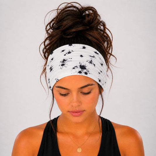  Handmade with love, Soft, premium stretchy knit fabric,  Extra-wide scrunch design for full coverage, Comfortable, secure, non-slip fit, Lightweight and breathable for all-day wear,  Perfect for everyday wear, workouts, travel, and casual outfits, Modern black paint splatter print for a trendy look