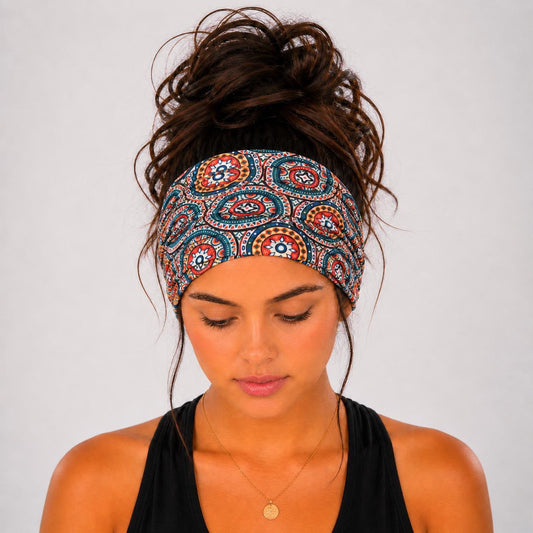 Boho paisley extra wide knit scrunch headband, Handmade boho paisley jersey knit headband, Extra wide scrunch headband in boho paisley print, Colorful boho paisley handmade headband, Women's extra wide knit headband with boho paisley pattern