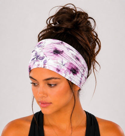 Lavender floral extra wide knit scrunch headband handmade from soft stretchy jersey fabric