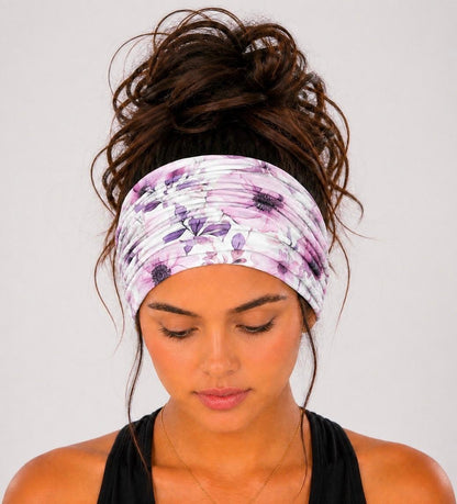 Lavender floral extra wide knit scrunch headband handmade from soft stretchy jersey fabric