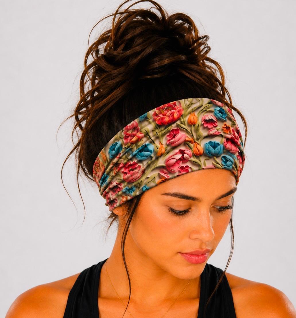 Handmade, Floral, Extra Wide, Knit, Scrunch Headband