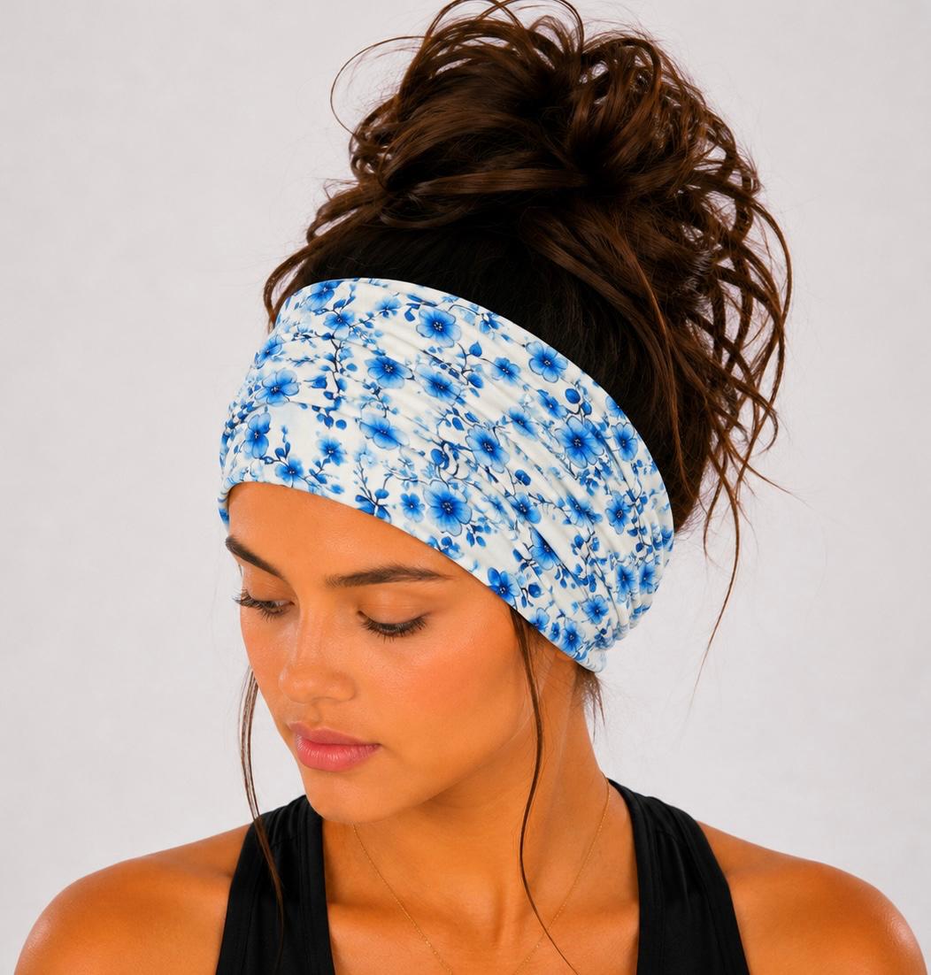 Blue floral extra wide cotton scrunch headband handmade from soft stretchy jersey fabric