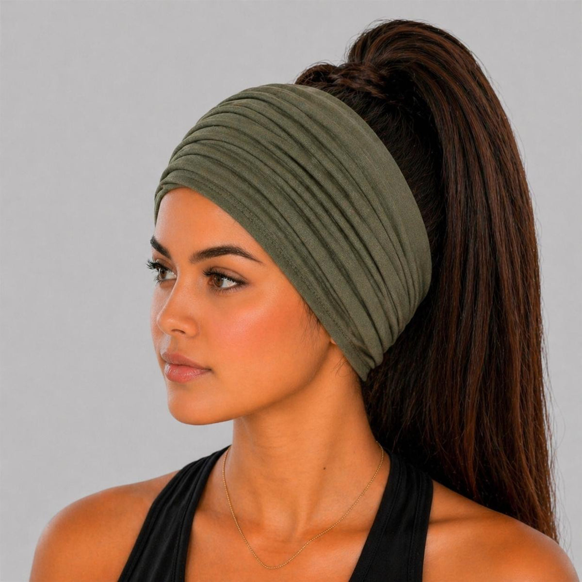 Olive Green Extra Wide Cotton Scrunch Headband made from soft cotton jersey fabric for everyday wear