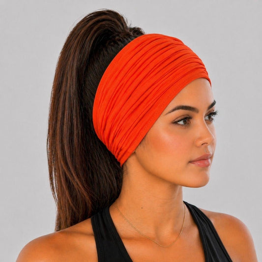 Orange Extra Wide Cotton Scrunch Headband handmade from soft stretchy cotton jersey fabric
