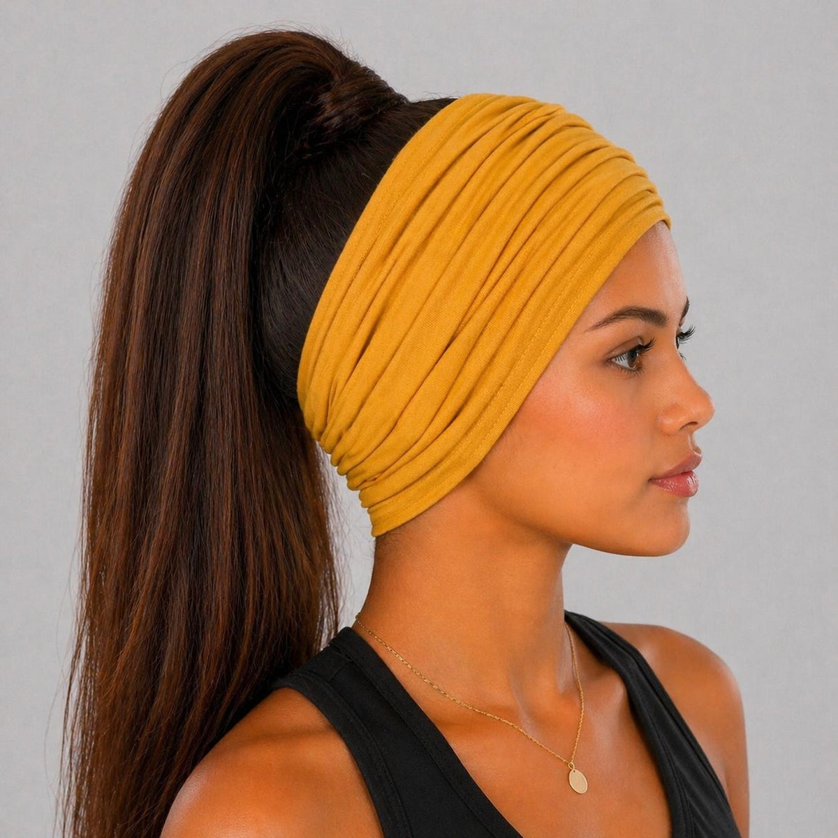 Mustard Extra Wide Cotton Scrunch Headband in soft cotton jersey fabric for everyday wear
