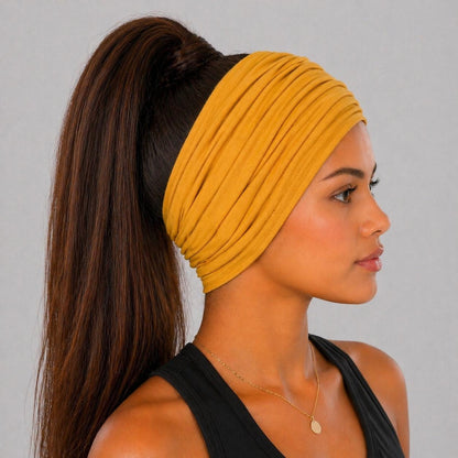 Mustard Extra Wide Cotton Scrunch Headband in soft cotton jersey fabric for everyday wear
